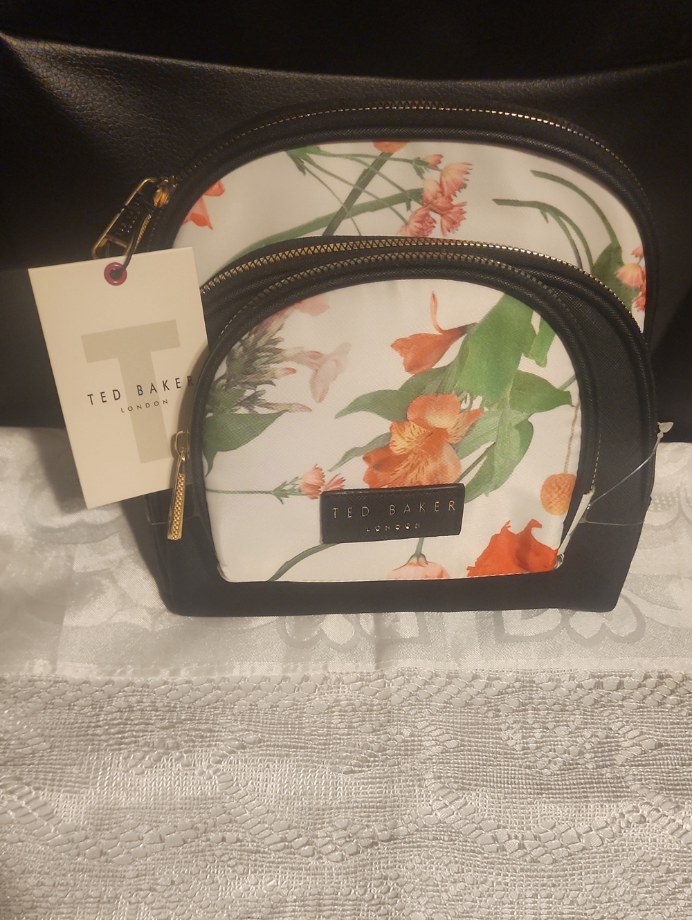 Ted Baker Black Floral Print Cosmetic Pouch Trio with Gold Hardware